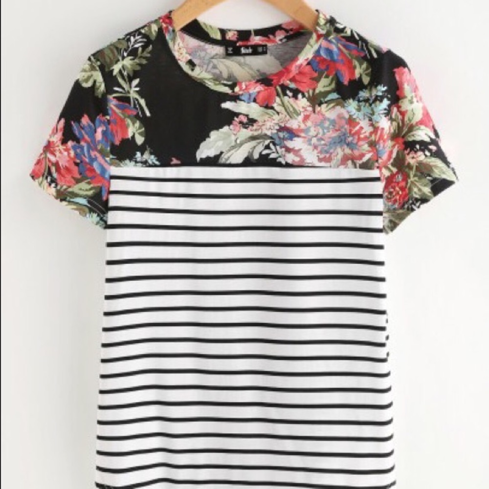 Black Floral Striped Top